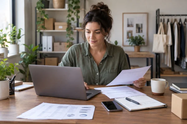 Profissional acompanhando orçamentos enviados no notebook em um ambiente de trabalho organizado
