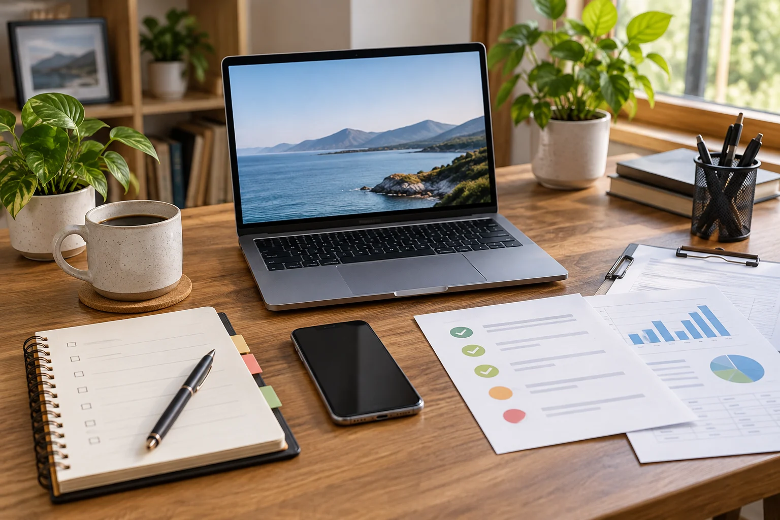Mesa de trabalho organizada com notebook, celular e anotações para acompanhar orçamentos e retornos
