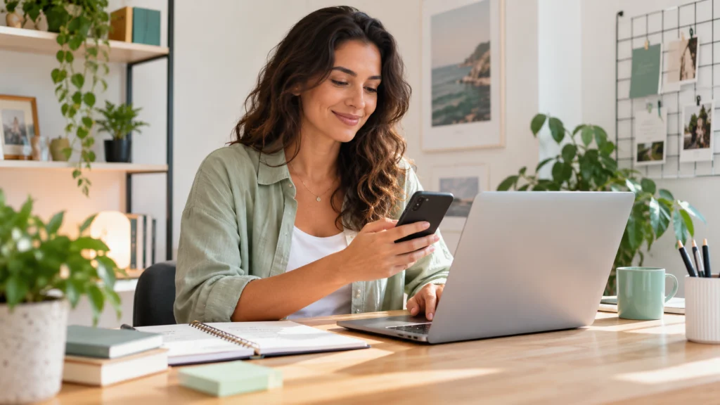 Profissional trabalhando em um espaço de trabalho organizado e aconchegante, com notebook, celular e materiais de apoio