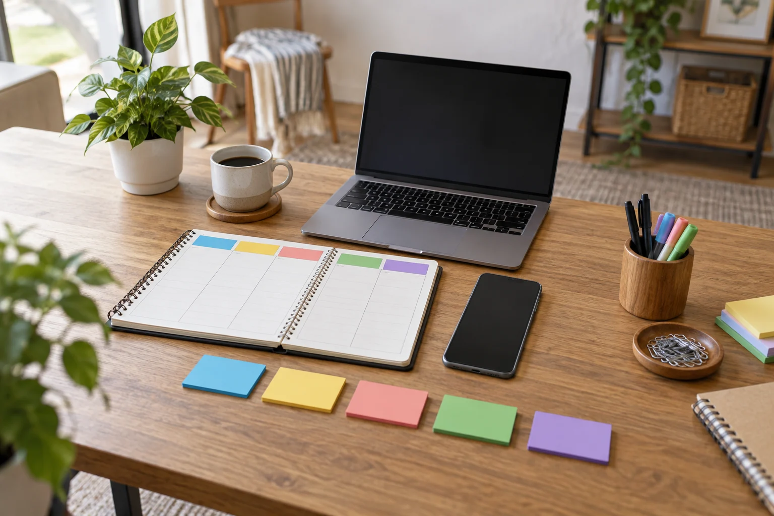 Mesa com celular, notebook e agenda organizada para acompanhar etapas de clientes