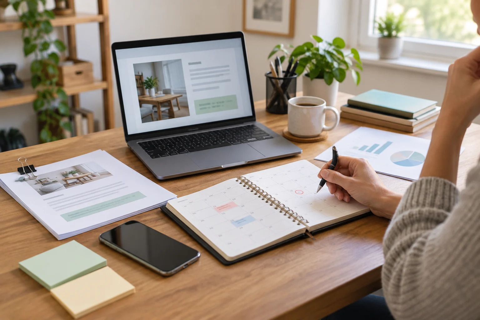 Mesa organizada com notebook, celular e agenda para acompanhar retorno de orçamento
