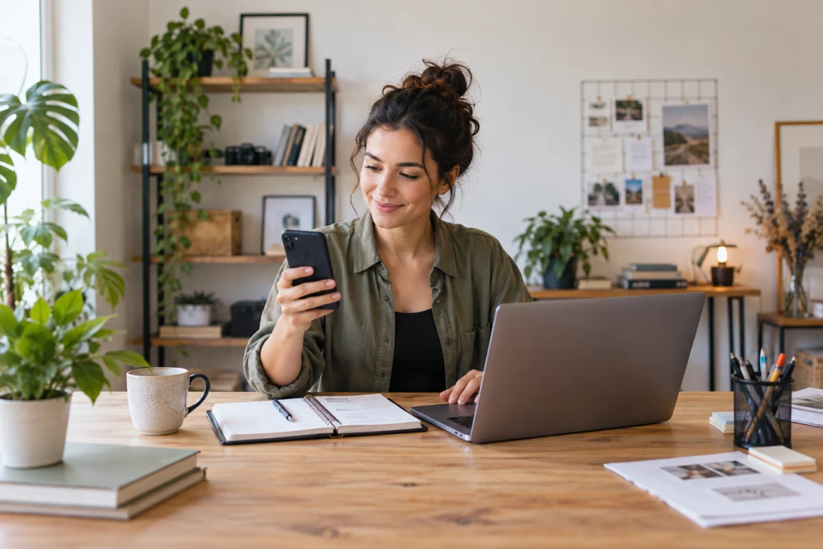 Profissional usando celular e notebook para organizar clientes e orçamentos